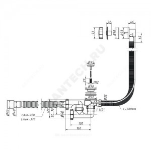 Слив-перелив для ванны регулируемый полуавтоматический (тросик) 1 1/2"x40 с гофрой 40х40/50 слив клапан, пробка D=45мм Орио А-28089