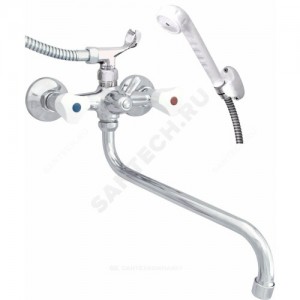 Смеситель для ванны с душем серия ЭКО ЦС-СМ 500/5-3К Пл. Бел маховик двуручный круглый излив, душевой шланг н/ж сталь, белая пластиковая лейка и кронштейн Центр Сантехники (Подольск) ЭМ900802