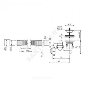 Сифон для поддона регулируемый 1 1/2"x40 с гофрой 40х40/50 выпуск с нержавеющей решёткой D=70мм Орио А-82589