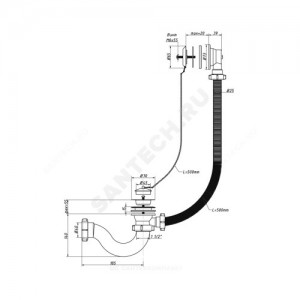 Слив-перелив для ванны трубный с пробкой на цепочке 1 1/2"x40 выпуск с нержавеющей решёткой D=70мм Орио А-4008