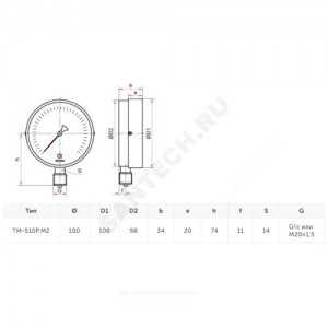 Манометр ТМ-510Р.00 (М2) радиальный Дк100мм 0-0,25 МПа М20х1,5 Росма 00000010517