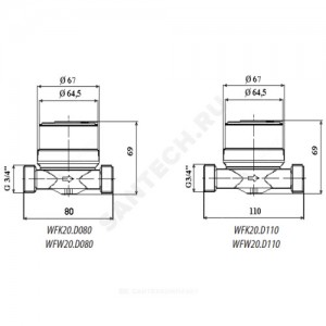 Счётчик г/в крыльчатый одноструйный Ду 15 Ру10 90С L=80мм резьба импульсный Б/К WFW24 Итэлма WFW24.D080