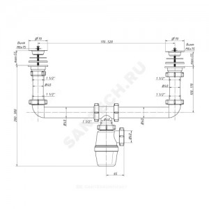 Сифон для кухонной мойки с двумя чашами бутылочный 1 1/2"x40 выпуск с нержавеющей решёткой D=70мм Орио А-4009